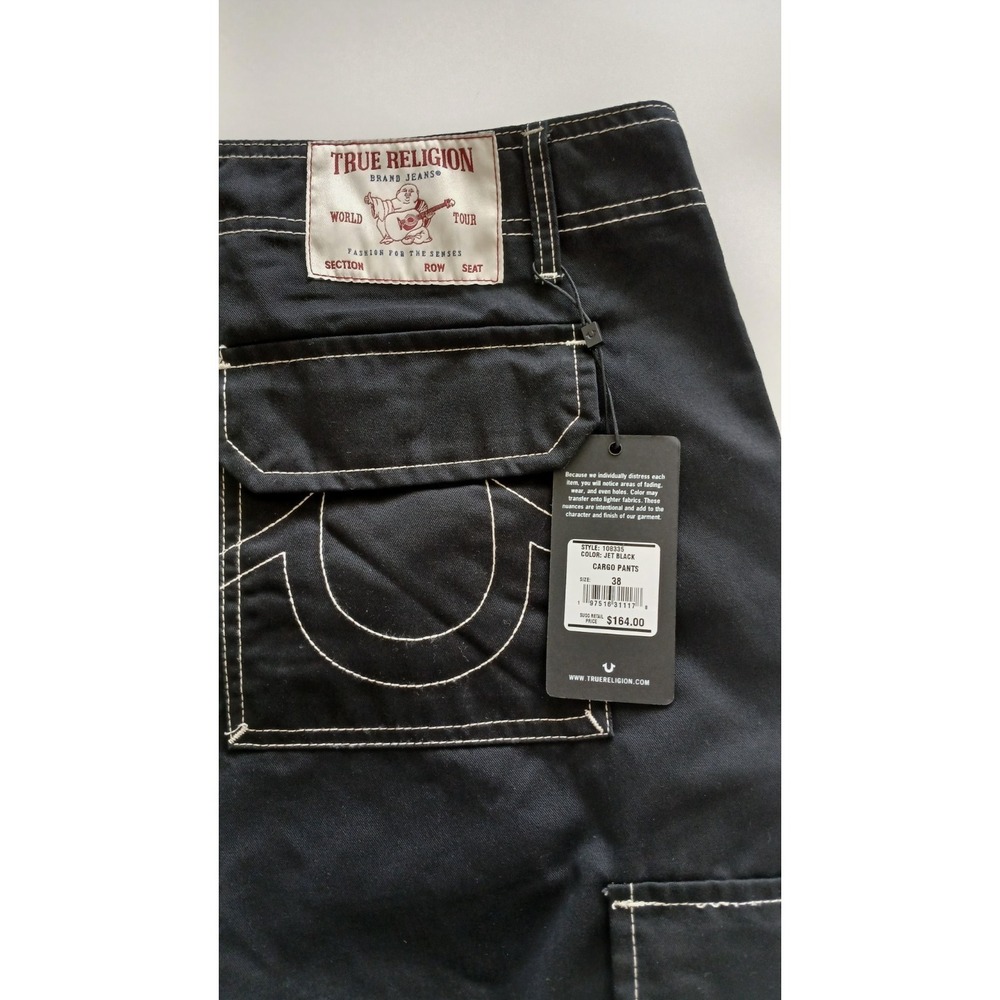 NWT True Religion Baggy Relaxed Fit Cargo Pants Jet Black Men's Size 38 x 30